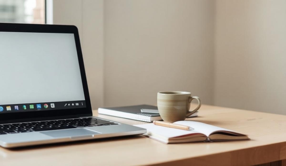 A quiet desk workspace with a laptop and notebook
